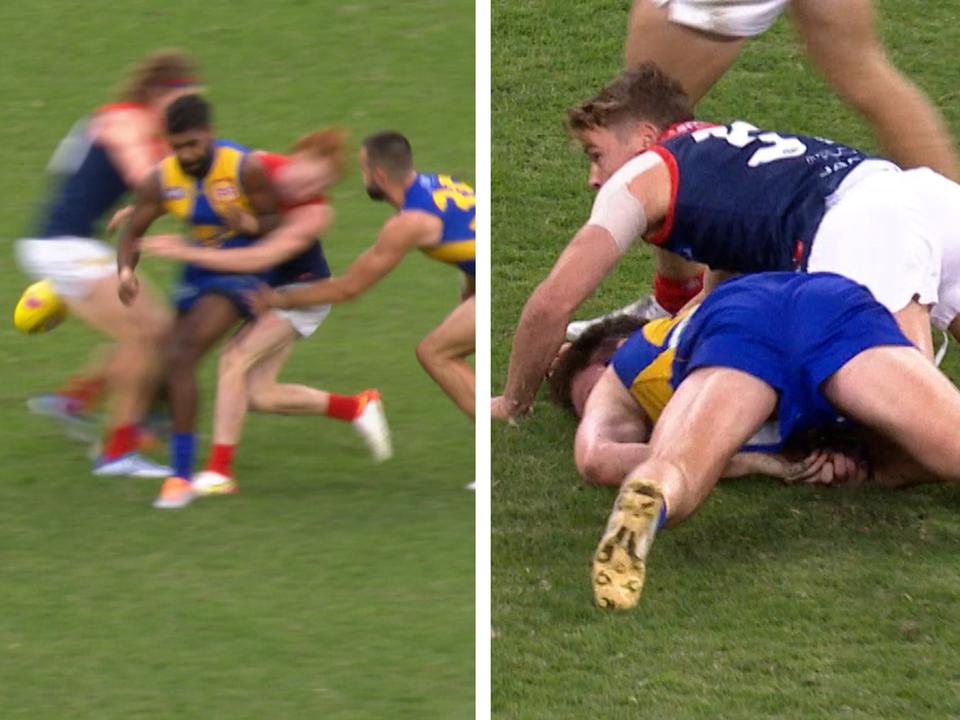 FOXFOOTY's tweet photo. The Match Review is in - and young Demon Kade Chandler has copped a longer ban for his "strong tackle" than Eagles star Liam Ryan did for this high bump.

Story: https://t.co/H07ZFsPLfs https://t.co/3vaNdQknrB
