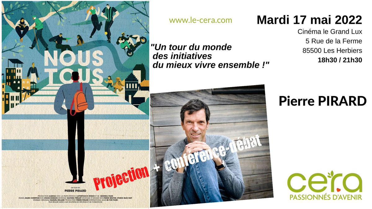 Ce mardi 17 mai aux Herbiers à 18h30 : projection du film <a href="/all_of_us_film/">Pierre Pirard</a> "un tour du monde du mieux vivre ensemble" + conférence <a href="/le_cera/">Le CERA</a> avec Pierre PIRARD son réalisateur. Dernière minute pour réserver : le-cera.com
Voir le pitch video : lnkd.in/eNZHfBYe