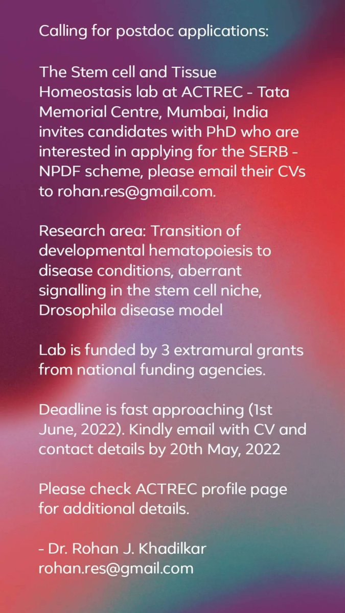 RohanKhadilkarr's tweet photo. We have an open postdoctoral position at @ACTREC_TMC. Interested PhD candidates wanting to apply for the NPDF scheme of SERB are most welcome to email me. 
Research areas: Aberrant signalling in stem cells &amp; their niches, Drosophila disease models. https://t.co/kDjPNGzO2J