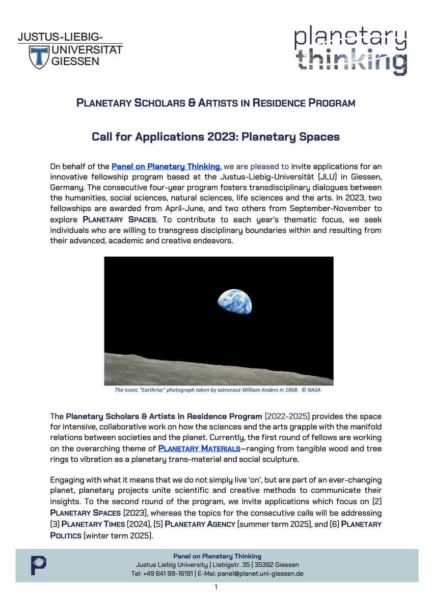 planetarypanel's tweet photo. #CallforApplications: The “Planetary Scholars and Artists in Residence Program” invites applications from the arts, humanities, social &amp; natural sciences for fellowships on its 2023 focal topic #PlanetarySpaces. More info https://t.co/AseeXNdq6L &amp; PDF https://t.co/ivK6MGsToZ https://t.co/v6RSNPzOOv