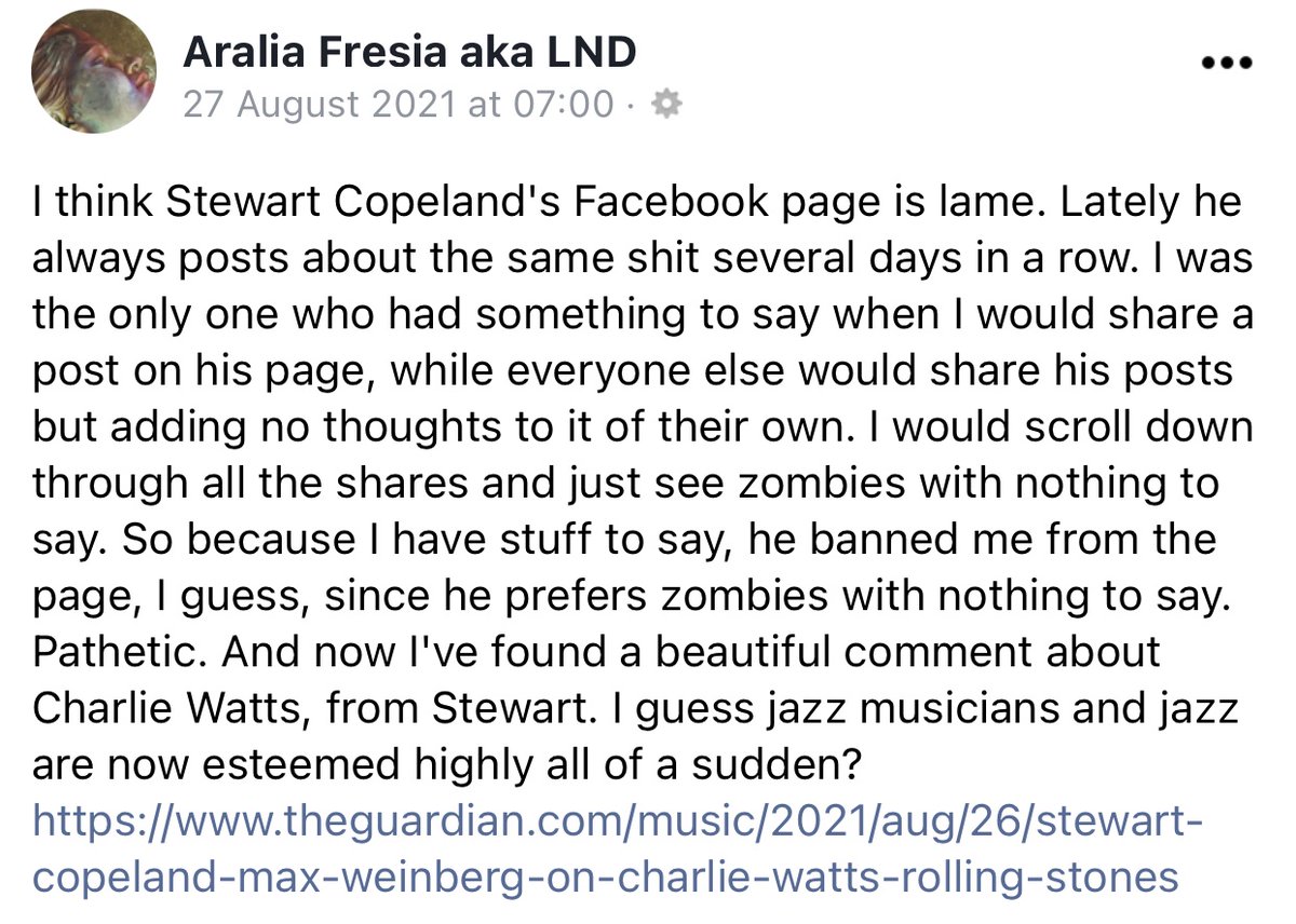 SCM50543355's tweet photo. @NatSapphix @CrystalBlazier Its worse than I thought. She has been blocked from Stewart Copeland’s Facebook page, hates men and belittles other women because she isn’t appreciated as much as she would like, and is everyone else’s fault (She is the borderline psychotic extreme version of a ‘Nice Guy’). https://t.co/IGVhih8SJk