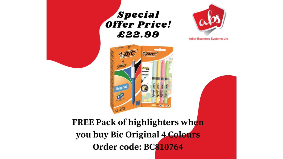 adlerbs's tweet photo. Add some colour to your writing and note taking with the Bic 4 Colours Original Ballpoint pens. With our special offer, you'll get a FREE pack of 4 Bic Grip Pastel Highlighters with every order!

https://t.co/qnJ8AToE4F https://t.co/Vexw7sUvUk