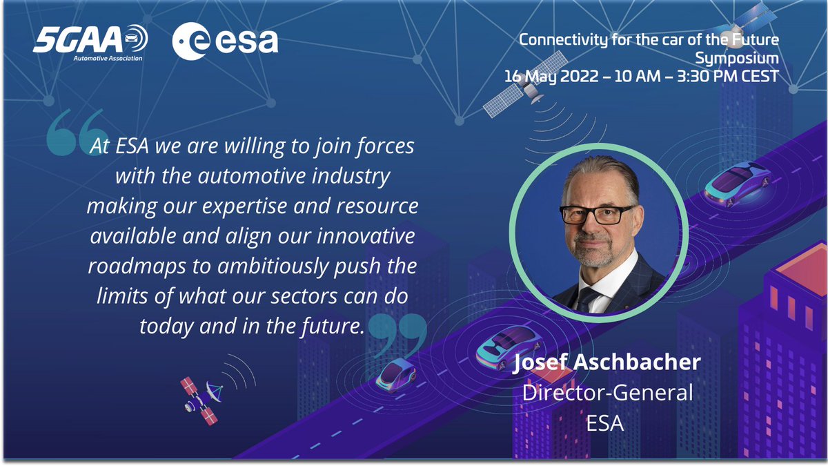 5GAA_official's tweet photo. We are delighted to listen to the @esa Director-General @AschbacherJosef welcoming our participants and providing his view on the role of space technology to develop connectivity solutions for the car of the future!
#ConnectivitySymposium https://t.co/5nstCMNdmQ