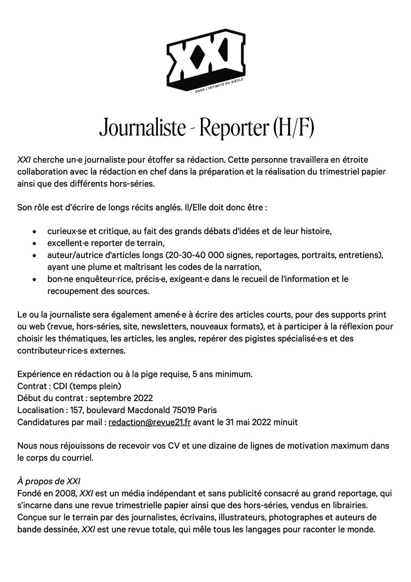 XXI, la revue du grand reportage, recrute !