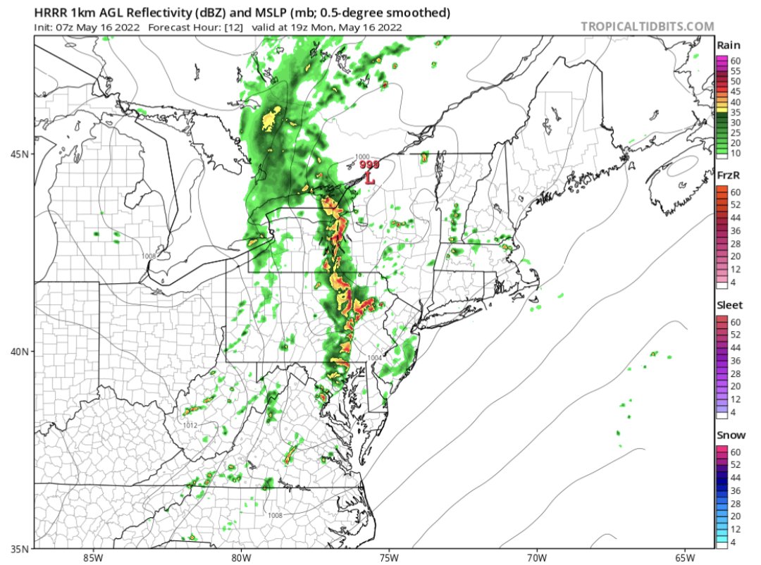 Good Monday. DC &amp; Baltimore regions will likely see severe storms this afternoon.  Models suggest perhaps 2 rounds. One early to mid afternoon and the other late day with a cold front.  Damaging winds, hail &amp; isolated tornadoes are possible as we are under a level 3 of 5 threat.