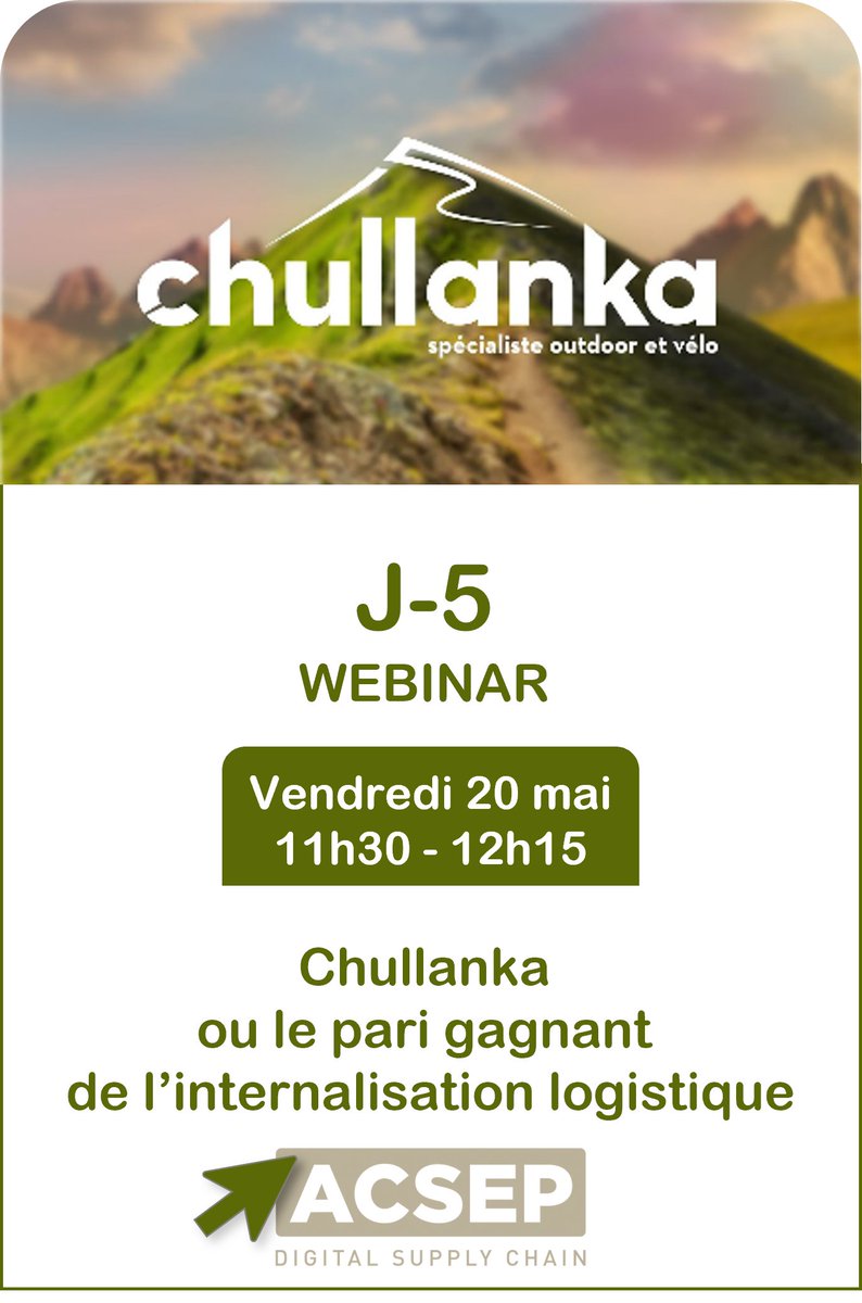 ACSEP_France's tweet photo. 🚨 𝐉-𝟓 𝐖𝐞𝐛𝐢𝐧𝐚𝐫 🚨
#supplychain #elogistique #ecommerce #entrepot #wms #izypro
𝐄𝐧 𝟑𝟎 𝐦𝐢𝐧, découvrez pourquoi et comment Chullanka, l’enseigne de sports outdoor, a fusionné et internalisé sa #logistique Magasins et E-commerce !
https://t.co/CqNKNw5b8l https://t.co/fdeRB6LVln