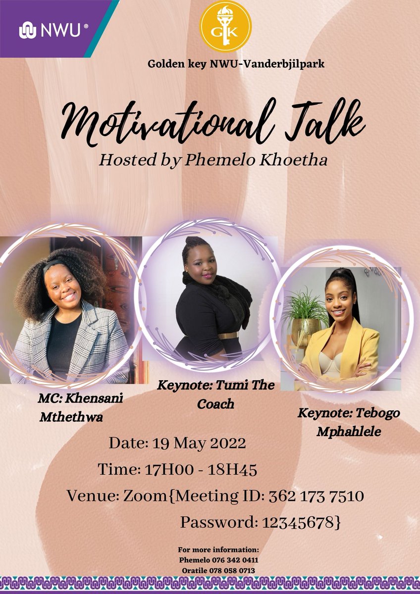 NWUVTCGoldenkey's tweet photo. Your cordially invited to join our Phenomenal Motivational Talk hosted by Phemelo Khoetha with guest speakers and our MC.
Details of invite:
meeting ID: 362 173 7510
Password: 12345678
#yesgk #gksa #goldenkeyinternationalhonoursociety #goldenkeysa #goldenkeysouthernafrica https://t.co/E4ElsvuhFA