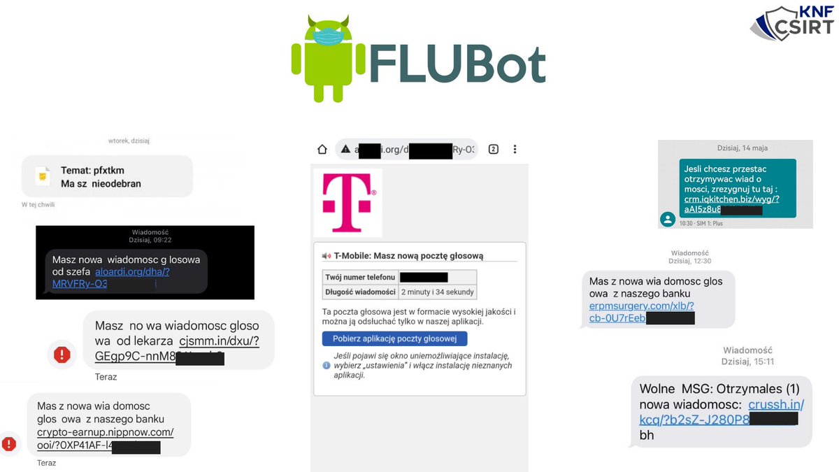 CSIRT_KNF's tweet image. 📱Otrzymałeś wiadomość SMS z informacją o nowej poczcie głosowej od lekarza, szefa lub z banku? Cyberprzestępcy nie ustają w modyfikowaniu swoich oszustw, tym razem przygotowali nowe treści wiadomości SMS zawierających linki do złośliwego oprogramowania #FluBot. Bądźcie czujni!