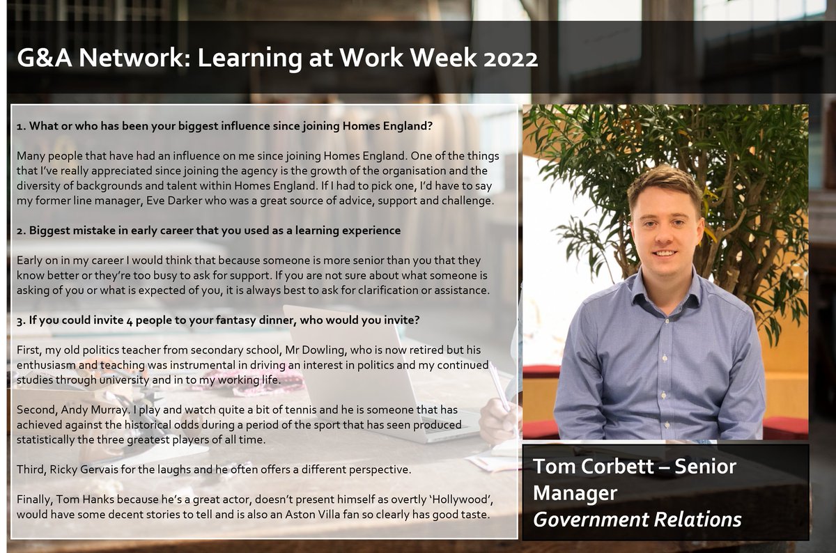 Learning at work week! 🌟

We kick off learning at work week with the @HomesGrads_Apps by setting some thought-provoking questions to Senior Manager in the Government Relations team, Tom Corbett. 🏘️

Tom's fantasy dinner might take some beating!

#LearningAtWorkWeek #earlycareers