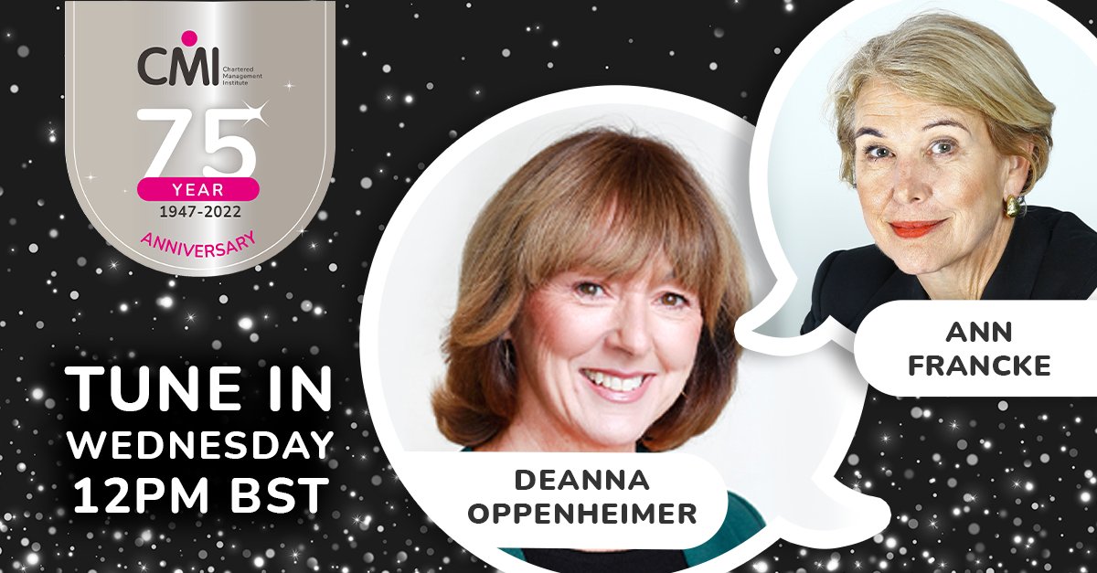 cmi_managers's tweet photo. 📆 Don't forget to mark your calendars for this weeks #LeadingLights where @cmi_ceo will be speaking with Deanna Oppenheimer, Founder of https://t.co/oh2sjd8udT and Chair of @HLInvest. #75YearsOfCMI https://t.co/rlTwDpGTfx