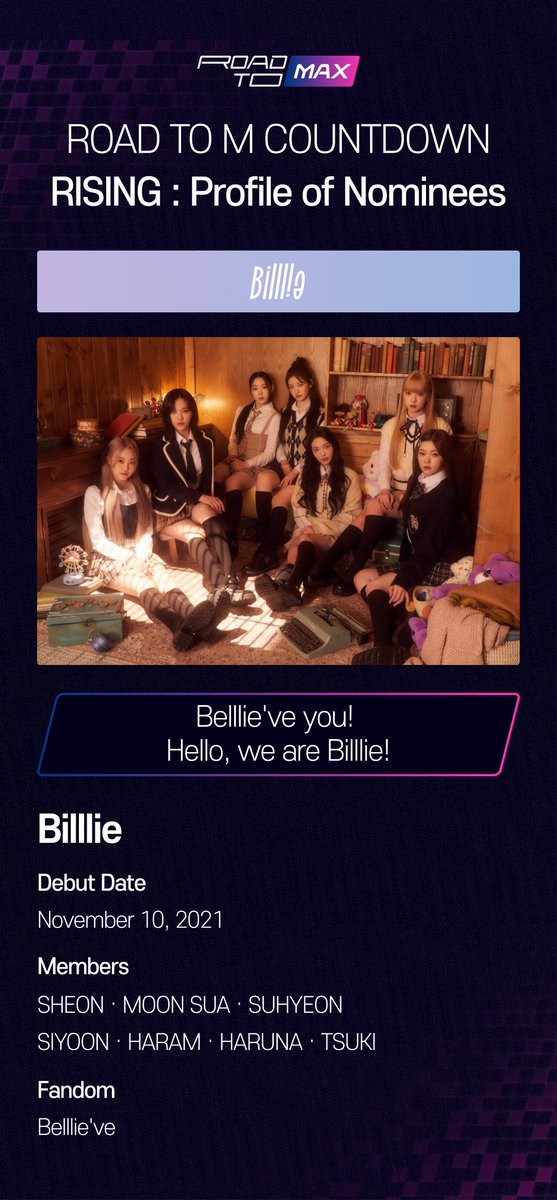 mnetplus's tweet photo. [RISING: Profile of Nominees] @Billlieofficial 
Introducing ROAD TO MCD Nominees Billlie
ROAD TO MCD 1기 후보 빌리를 소개합니다💖

📢What particular point drove you to become a fan of Billlie. Leave a comment   
📢빌리 입덕 포인트를 멘션 남겨주세요🙌 https://t.co/irj05hgIzk