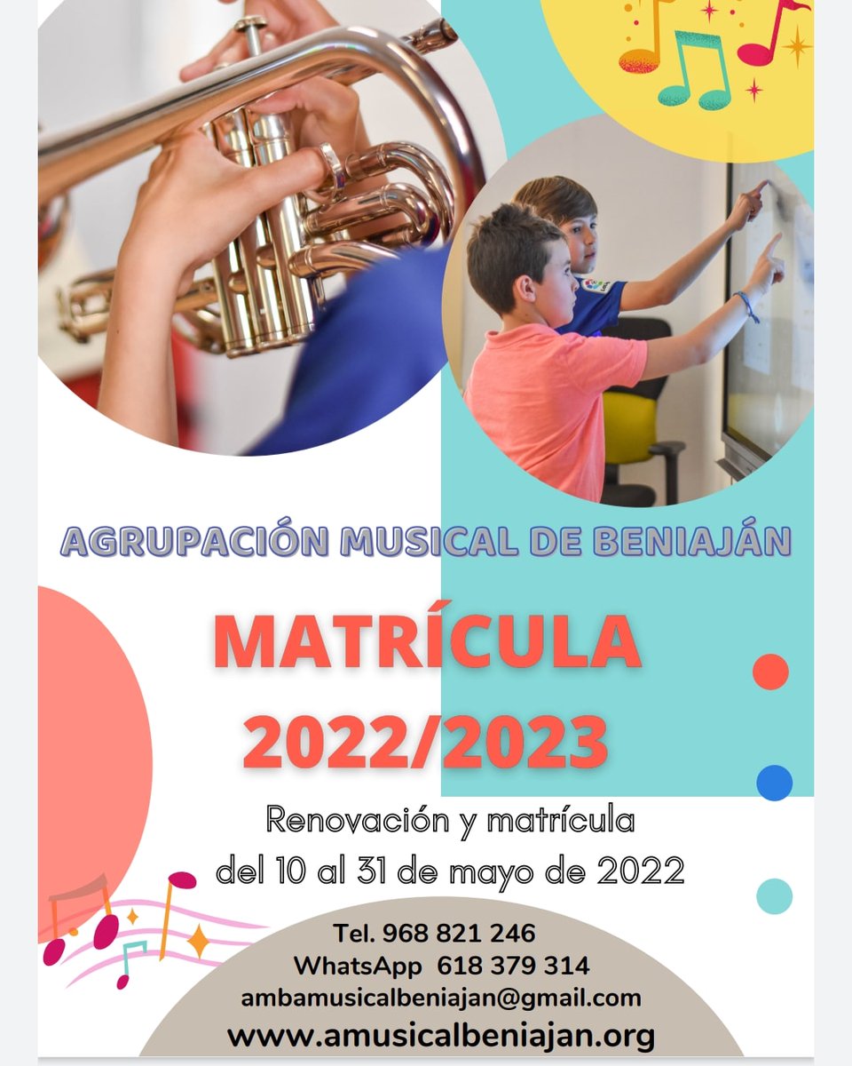 ambeniajan's tweet photo. ¡Abierto el plazo de matriculación! 

La escuela de música de la Agrupación Musical de Beniaján es conocida por el gran número de profesionales que han comenzado su formación musical en nuestras aulas. 

¡Aprovecha y no te quedes sin tu plaza!

#AMB #ORGULLOAMB #EscuelaAMB https://t.co/9Ch2SQbgOm