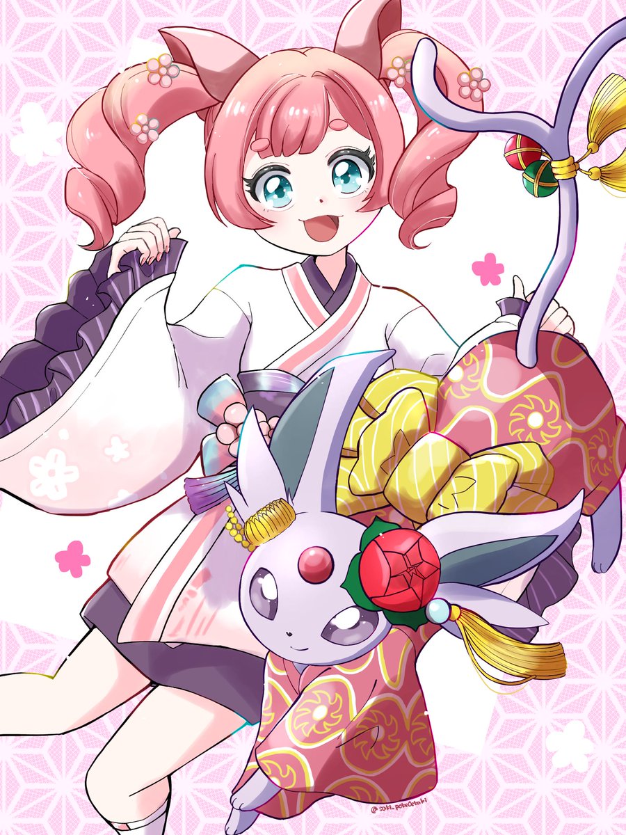 pokemon (creature) 1girl open mouth pink hair smile kimono japanese clothes  illustration images