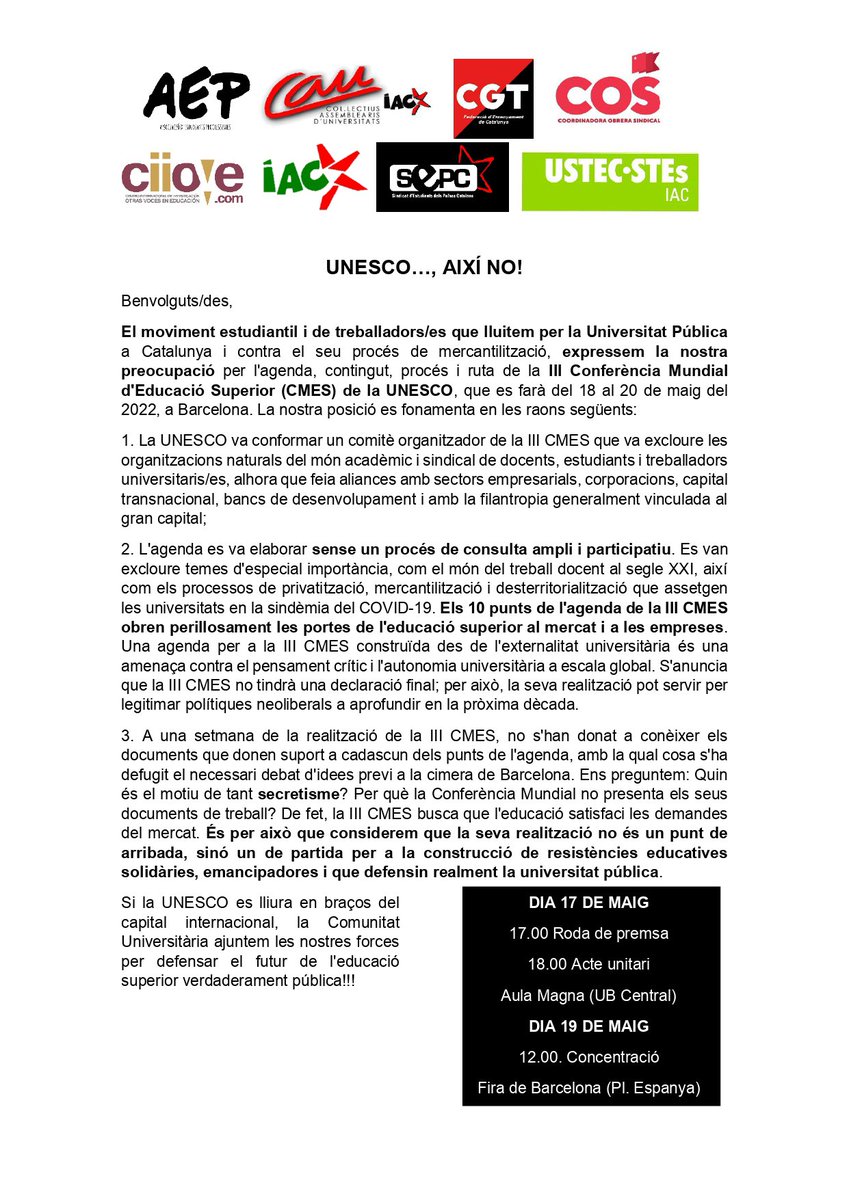 AEP_Nacional's tweet photo. La III Cimera Mundial d'Educació Superior de la @UNESCOEU arriba a Barcelona! 

❌ Diem no a l'entrega de la UNESCO als braços del capital transnacional.

#AixíNo #UNESCONO https://t.co/0jJe8hR8FJ