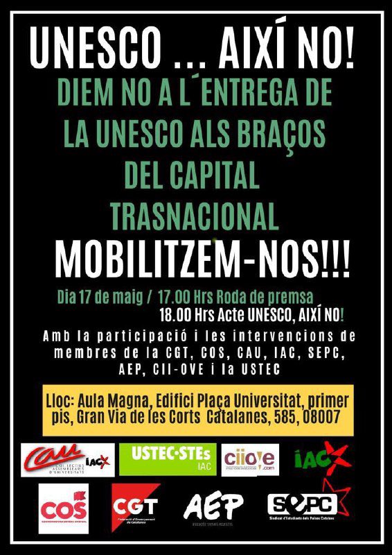 AEP_Nacional's tweet photo. La roda de premsa i l'acte central seràn:

🗓 Dimarts 17 de maig 

📍A l'Aula Magna de la UB Central 

⏰A les 17h i 18h de la tarda

✊🏾Les companyes de #ILPRegularitzacióJa estaran presents el nostre acte recollint signatures!

 #AixíNo #UNESCONO https://t.co/hF2r1GHidi