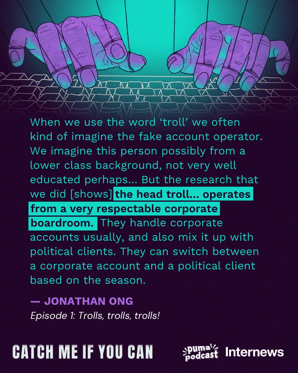 PumaPodcastPH's tweet photo. What does a troll look like?
Hear from them when you listen to the first episode of #CatchMeIfYou Can hosted by disinformation researcher Prof. @jonathan_c_ong and journalist Kat Ventura: https://t.co/8YxnsSdbyd https://t.co/MBwIEpqqWw