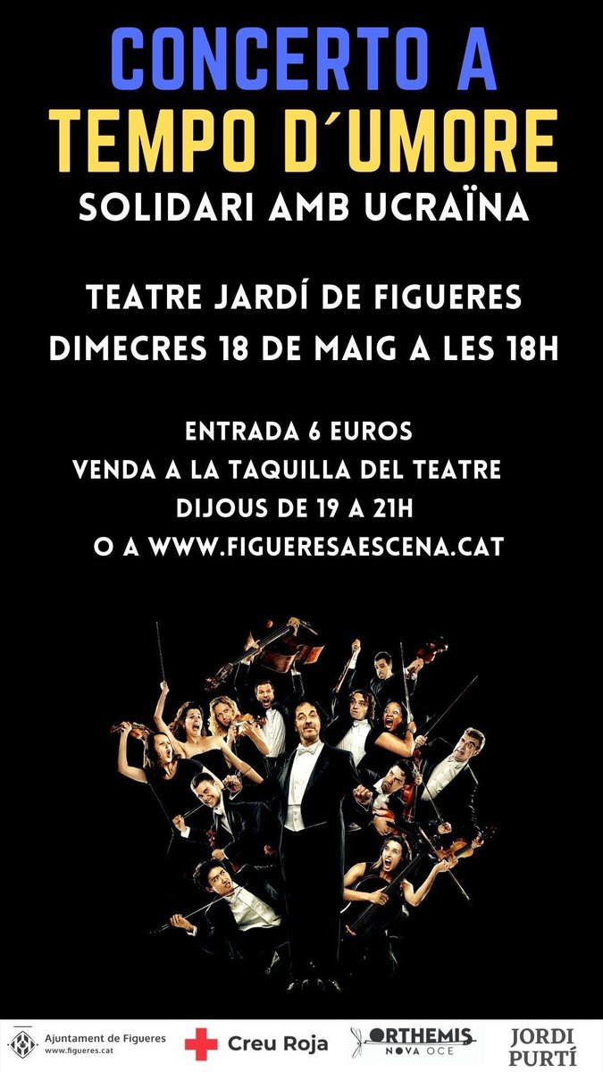 figueresaescena's tweet photo. 🎻L'orquestra figuerenca ORTHEMIS, que ha recorregut més de 50 països arreu del món, torna a casa per oferir un concert benèfic amb el poble ucraïnès 🇺🇦 Tots els diners aniran a la Creu Roja d'#Ucraïna.

📅Dimecres 18/05
🕑18h
📍Teatre Mpal el Jardí
🎟️https://t.co/Iv8t6WejI7 https://t.co/Lqj7c75A4B