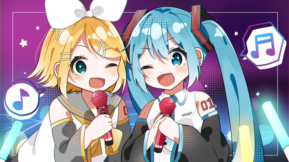 hatsune miku ,kagamine rin multiple girls 2girls musical note one eye closed long hair twintails blonde hair  illustration images