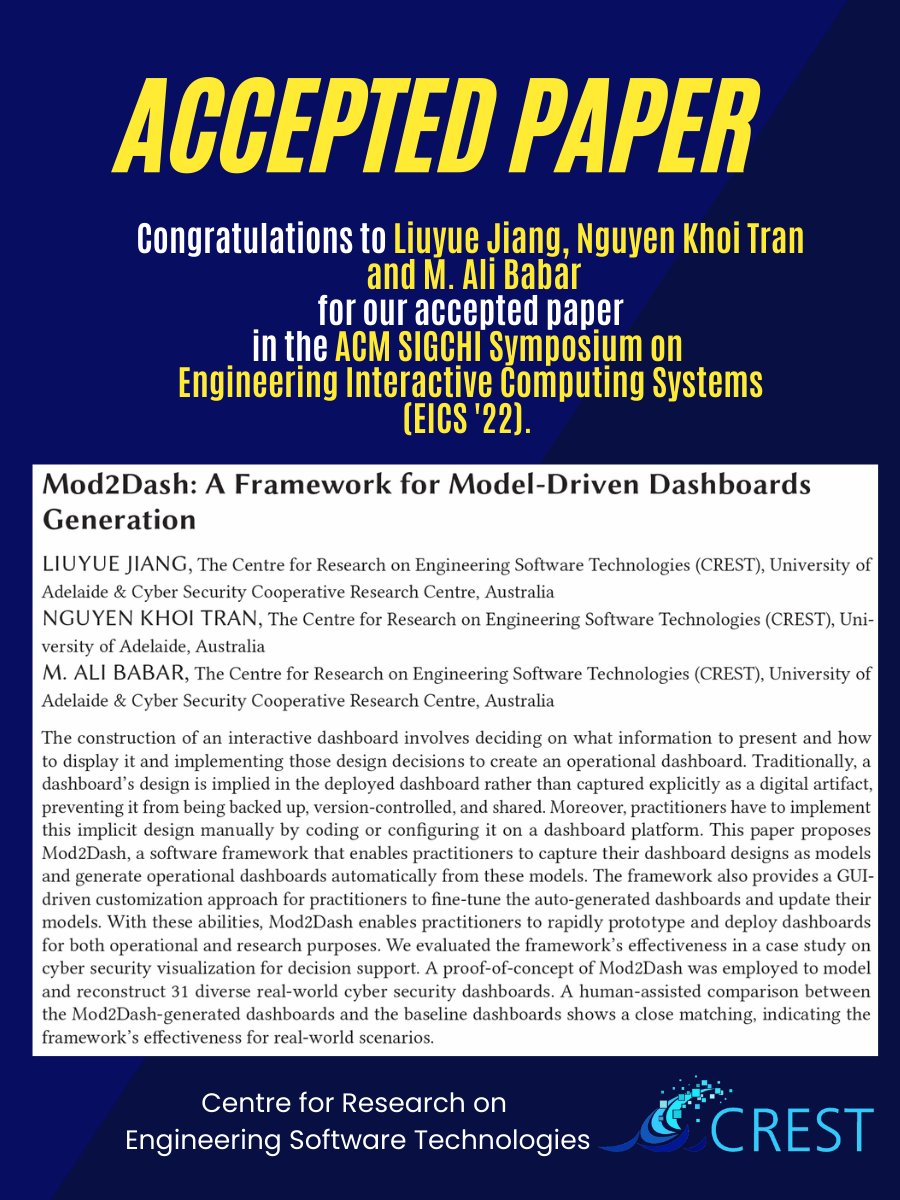 crest_centre's tweet photo. 🚨 NEW PAPER ALERT 🚨

Very glad to share that our paper "Mod2Dash: A #Framework for #ModelDriven #Dashboards Generation" by @williamjiangau, @nktrandlt &amp; @alibabar was accepted in the ACM #SIGCHI Symposium on Engineering Interactive Computing Systems #EICS22

Preprint to follow. https://t.co/PKDOfxoz4X
