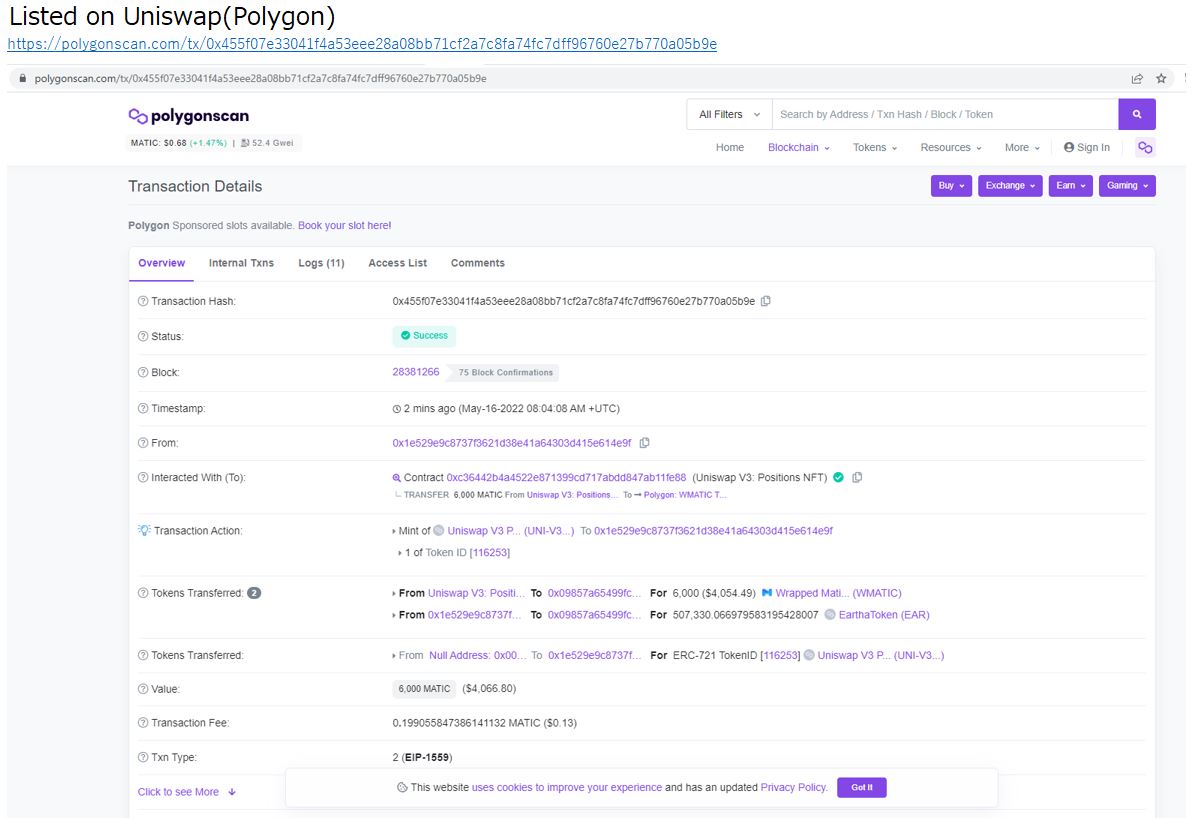 EarthaEAR's tweet photo. Listed on #Uniswap(Polygon)
https://t.co/zb4EcS4YH0

EarthaToken(EAR) will be listed on dex of several chains.

🔵Join Telegram👉https://t.co/XMG18f15Zi
🔵Details 👉https://t.co/xvFGRTBi2b

#Eartha #dApp enpower to #Escrow NFTs, #Invoice NFTs.#web3, #Defi , #NFT, #BSC, #BNB https://t.co/tQ6W3cRE9j