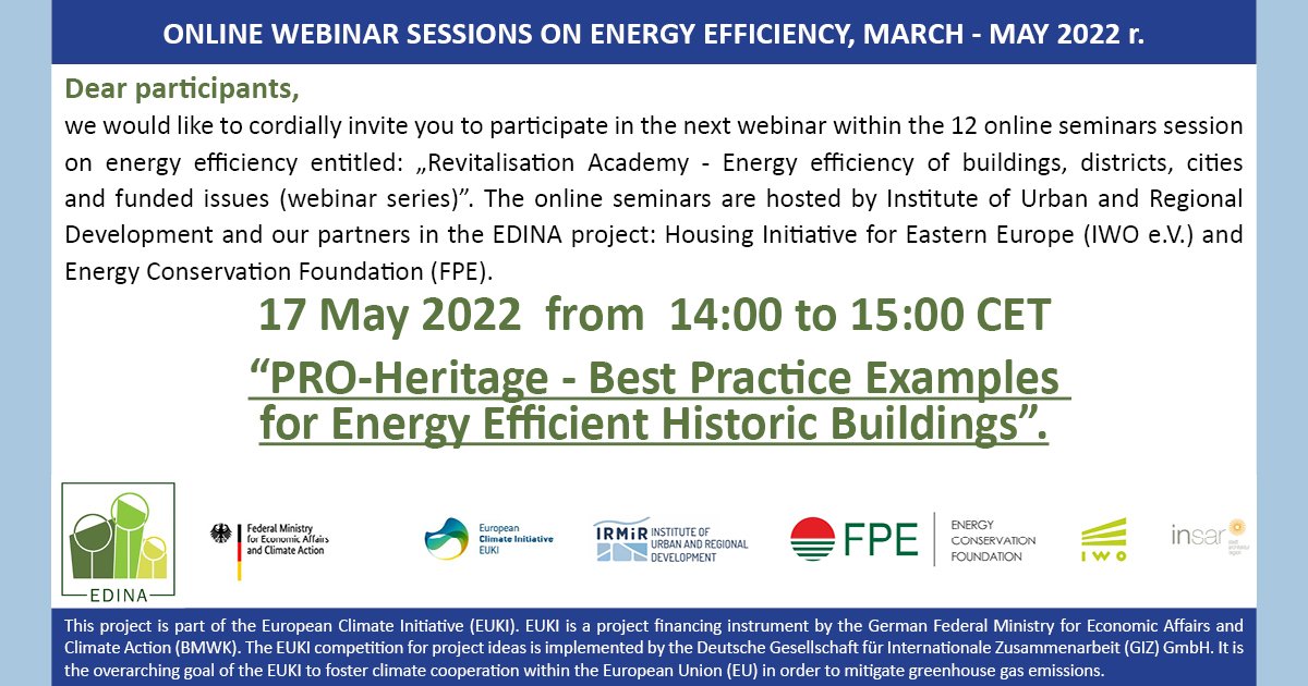 Already tomorrow another webinar in #RevitalisationAcademy "“PRO-Heritage – Best Practice Examples for #EnergyEfficient Historic Buildings”
We kindly ask you to register: survio.com/survey/d/H4B8R…

#heritage #renovation