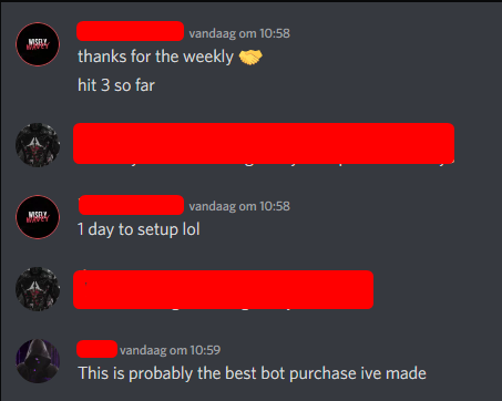 We are absolutely feasting 🎉

Members are happy with how the bot is performing.
Weekly members already looking to upgrade 👀

Who needs a weekly for the upcoming AJ4?