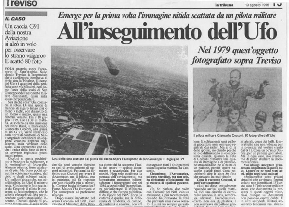 LipmanTroy's tweet photo. @Alexandernewry @montanacasey The photo at the top of this thread is the alleged “photo of the UFO” from 1979. Here is the original first newspaper reporting a of it from almost 20 years later. It is not a UFO, and it is not an real photo from 1979. It is a photo from WW2 from the Bombing of Treviso of a bomb https://t.co/W5kwveYFHk