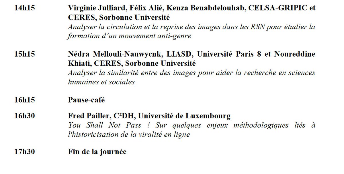 📅 Avec <a href="/vjulliar/">Virginie Julliard</a>, <a href="/run_dimeco/">Gaël Lejeune</a> &amp; <a href="/kenza_benab_/">Kenza Benabdelouhab</a>, nous organisons le 9 juin prochain la JE "Travailler avec les images" avec des interventions de chercheur·e·s en SHS (histoire,musicologie,SIC) &amp; en informatique. 

La JE aura lieu à la maison de la recherche de <a href="/LettresSorbonne/">Faculté des Lettres Sorbonne Université</a> ⬇️