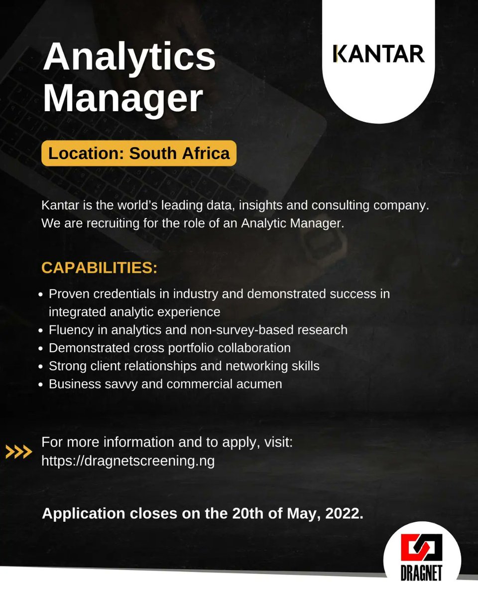 DragnetNigeria's tweet photo. NEWS FLASH💥
Do you have what it takes to occupy this position?
Here is your chance now to apply with the link below;
https://t.co/eTec3m7orm
Tag someone that fit this role.
Make sure you share the flyer too.
.
.
.
#dragnetjobs
#JobAlert
#analyticsmanager https://t.co/q3CpI3oKUl