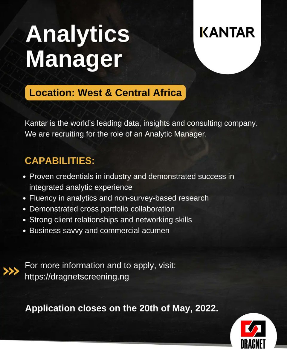 DragnetNigeria's tweet photo. NEWS FLASH💥
Do you have what it takes to occupy this position?
Here is your chance now to apply with the link below;
https://t.co/eTec3m7orm
Tag someone that fit this role.
Make sure you share the flyer too.
.
.
.
#dragnetjobs
#JobAlert
#analyticsmanager https://t.co/q3CpI3oKUl