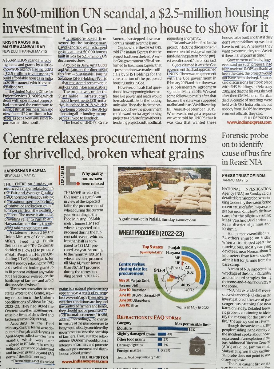 imRavikantYadav's tweet photo. #GoodAfternoon
Todays #newspapers
Editorial @suhrith -In abeyance of Sec #124a a provisional relief
Steering the ship- brief Naval procurement history
Impact of #Price Volatility
Centre relaxes procuremnt norms fr #wheat
$60ml #UNscandal #Goa
Source @the_hindu @IndianExpress https://t.co/l62l5xbR6p