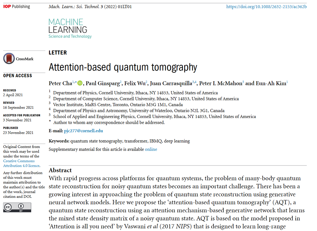 MLSTjournal's tweet photo. 'Attention-based #quantum #tomography' by @eunahkim @peterlmcmahon @carrasqu Paul Ginsparg et al @LASSP_Cornell @cs_cornell @VectorInst @WaterlooSci hits 1500 downloads! https://t.co/LxGDjOqtHj #machinelearning #comphys #quantumcomputing #materials #NLP #opendata #neuralnetworks https://t.co/Azrr6beU0t