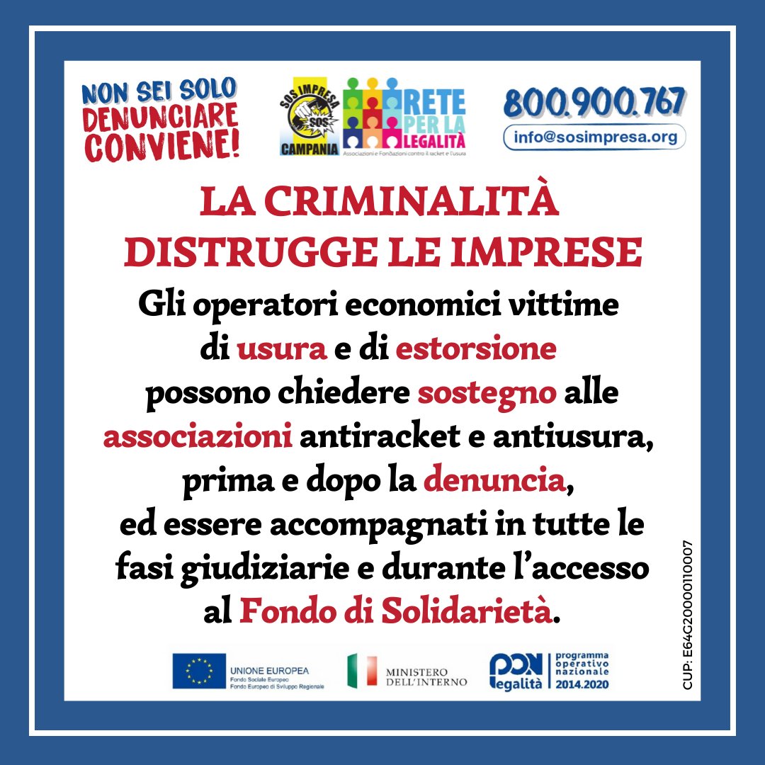 💪 Denuncia i reati di usura e racket
✅ Sos Impresa è al tuo fianco in tutte le fasi, dalla denuncia all'accesso al Fondo di Solidarietà
👍 Non sei solo!
📲 800900767 - info@sosimpresa.org
#usura #racket #sosimpresa #reteperlalegalità #nousura #noracket #denunciareconviene