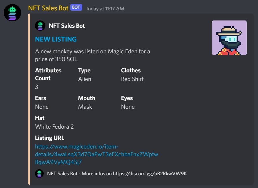 SolNFTSales's tweet photo. Discord message of a new listing of @SolanaMBS NFT on Magic Eden. Receive such messages with @SolNFTSales ! 🙂

#NFTCommunity #SolanaNFT #SolanaCommunity #SolanaNFTs https://t.co/JyULrU8wB0