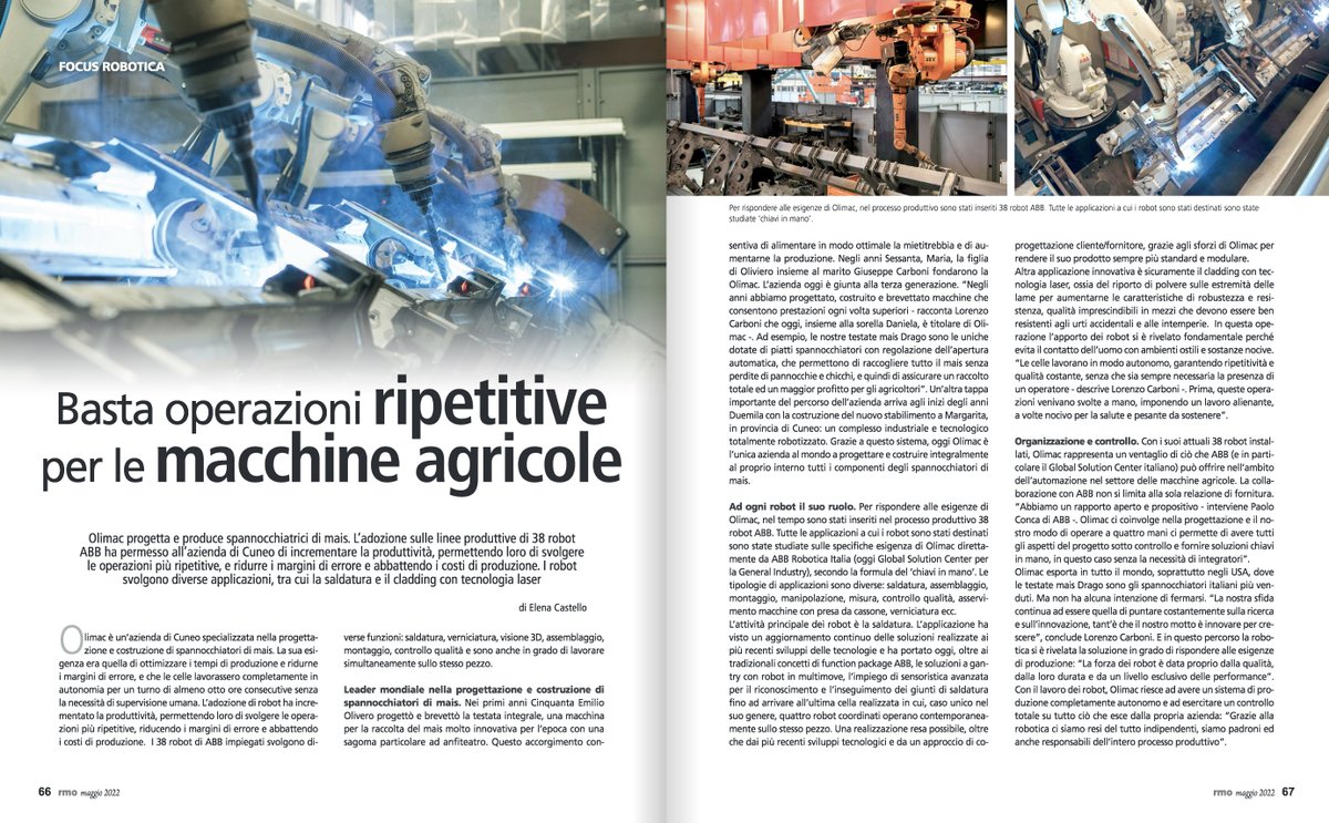 meccanica_plus's tweet photo. #Olimac ha introdotto ben 38 #robot #ABB sulle proprie linee produttive di #macchinariagricoli, tra applicazioni di #saldatura, #verniciatura e #cladding con tecnologia #laser. La soluzione nel Focus #Robotica su #RMO di maggio.
@ABBItalia #automazione 
https://t.co/2WoNC9aQGt https://t.co/eaw4iCilRc