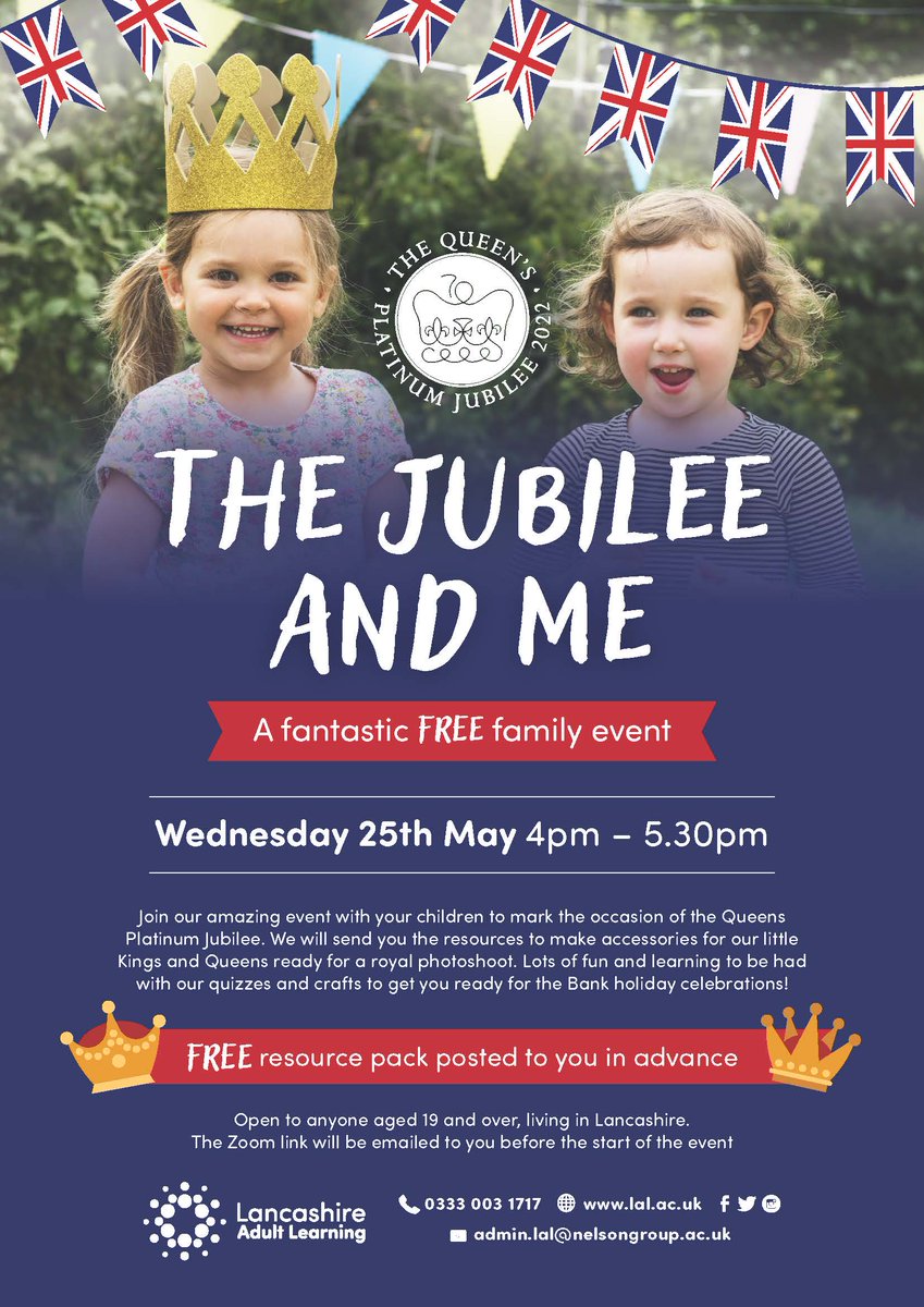 Excited to share FREE #onlineevents for the #queensplatinumjubilee celebrations👑🇬🇧👑🇬🇧 Enrol on the Family Event: lal.ac.uk/course/jubilee… Enrol on the Adult Event: lal.ac.uk/course/our-que… Please retweet @nicolahall332 @LancsLearning @LALPartnerships @tasdesai @GillianSharples