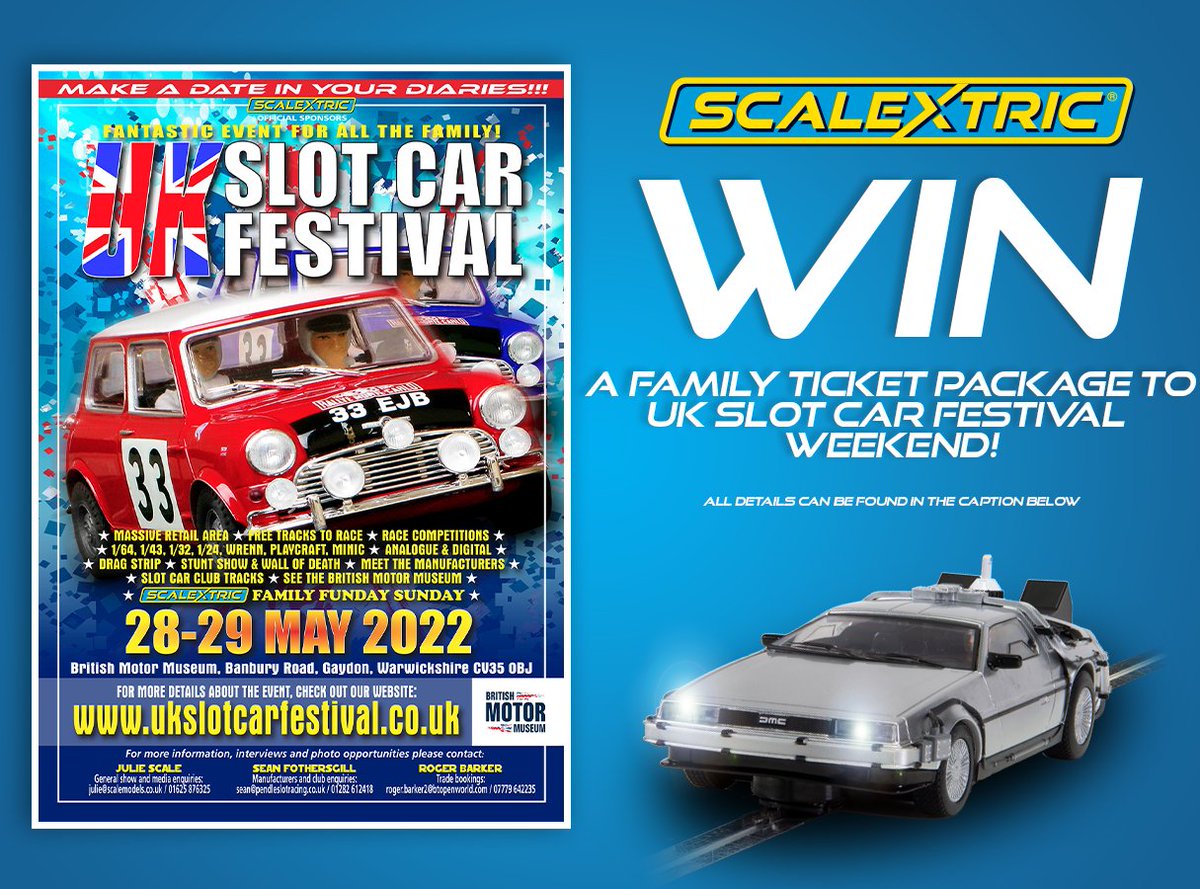 Scalextric's tweet image. WIN! 🎉

We have 1x family bundle of UK Slot Car Festival tickets (6 tickets total) to give away to one lucky winner! 

All you have to do to enter is

1) Follow the Scalextric Twitter page
2) Retweet this tweet and tag a friend below

See reply tweet for more info 👇