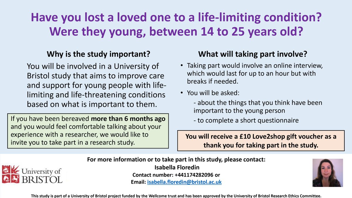 Can you help? We are looking to interview bereaved parents whose child died of a life-limiting condition. Our study will help improve care for young people.  <a href="/hospiceukPA/">Hospice UK Policy & Advocacy</a> <a href="/CBNtweets/">ChildhoodBereavement</a> <a href="/BereavementNBA/">Bereavement Alliance</a> <a href="/DorothyHouseHC/">Dorothy House Hospice Care</a> @gesouthwest 
 
Please RT, contact: 
<a href="/i_floredin/">Isabella Floredin</a>