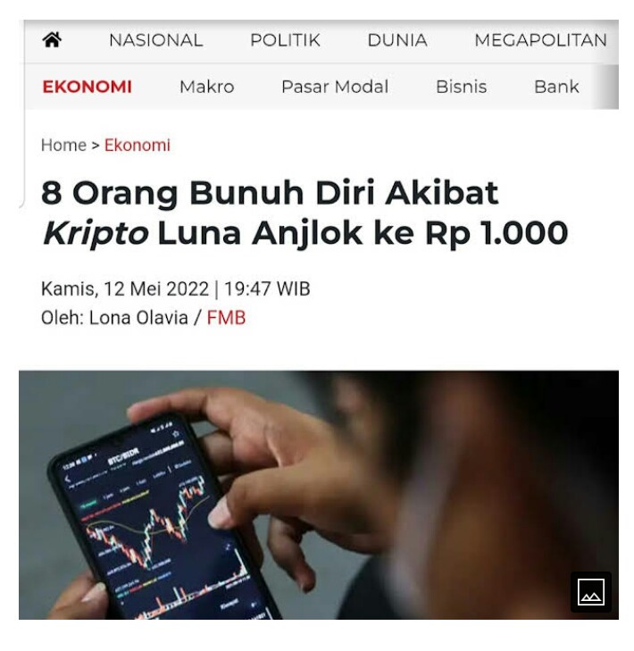 Cryptodana3's tweet photo. @SarahPromotions @mama2hoki 8 Orang bunuh diri akibat Jatuh nya Harga Koin luna

Video👇
https://t.co/X34bnmTgYV https://t.co/gbxXrQWb85