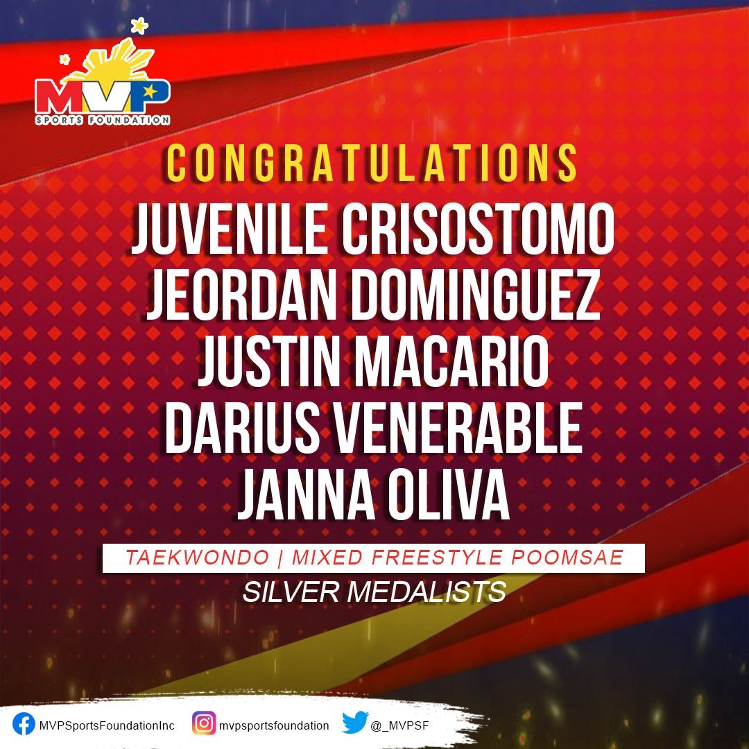 mvpsfph's tweet photo. Taekwondo jins Juvenile Crisostomo, Janna Oliva, Darius Venerable, Justin Kobe Macario, and Jeordan Dominguez win the silver medal in the poomsae mixed freestyle team event.
Follow us on our social media handles! IG/FB/Twitter👉🏼 mvpsfph
#MVPSF
#ParaSaAtleta
#TungoSaGinto https://t.co/JnMT9JGJJh