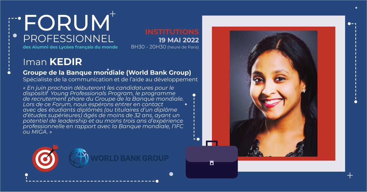 ALFM_monde's tweet photo. Le #Forumpro2022 des anciens des lycées 🇫🇷 revient le 19 mai dès 8h30 (heure 🇫🇷)
Parmi les temps forts de cette 3ème édition : une rencontre avec la @WorldBank !
Présentation de leurs programmes de stage & conseils pour réussir votre candidature !
👉 https://t.co/bDvaWufyKL https://t.co/iv22PGHkU6