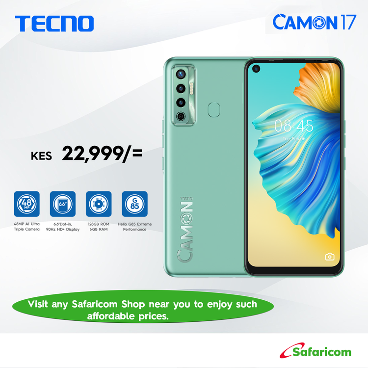 TECNOMobile254's tweet photo. We just made your Monday better with an amazing offer. 
Don't miss out on our Camon 17 sale. Get it today at a discounted rate from your nearest Safaricom outlet or online at https://t.co/G7Zq4cSnCv 

#TecnoKe #Camon17 #Sale #Safaricom #masoko https://t.co/2ka7iW7pcA