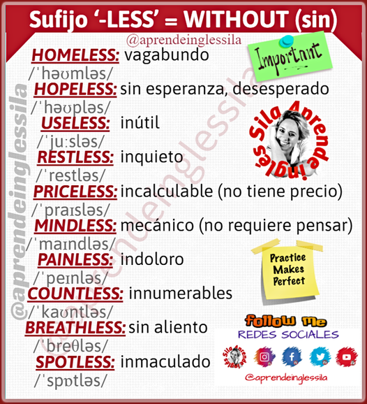 Uleidiomas's tweet photo. Buenos días, en este #FelizMiércoles repasamos el sufijo '-LESS' en #inglés 🇬🇧 con esta genial ficha de la gran @InglesSila   

#Uleidiomas #idiomas #LearnEnglish #speakenglish #ingles #englishlesson #studyenglish #vocabulary #LeónEsp🦁 https://t.co/Fb8KJUliqF
