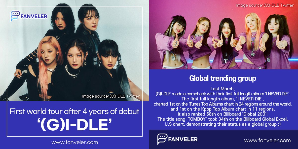 fanveler's tweet photo. Let’s take a look at (G)I-DLE’s first world tour after 4 years of debut!😍❤️
📌https://t.co/XcWHaxONHw
#fanveler #kpop #idol #korea #GIDLE #WorldTour #GIDLECONCERT #TOMBOY #IdolNews #IdolConcert #Cube #JeonSoyeon #Minnie #Shuhua #MiYeon https://t.co/4UKTpTfyjT