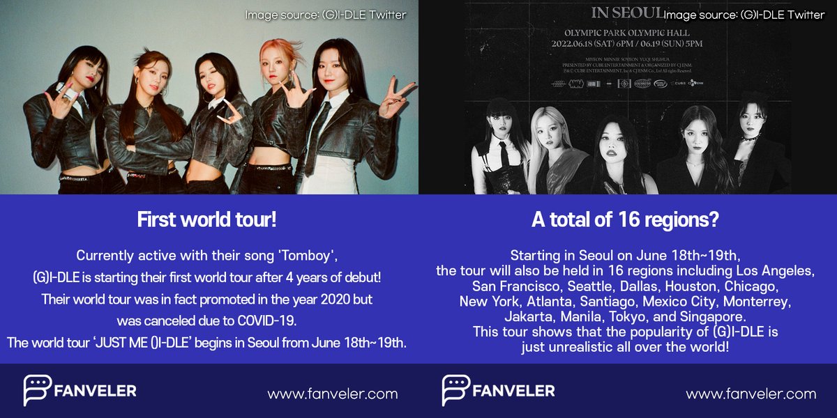 fanveler's tweet photo. Let’s take a look at (G)I-DLE’s first world tour after 4 years of debut!😍❤️
📌https://t.co/XcWHaxONHw
#fanveler #kpop #idol #korea #GIDLE #WorldTour #GIDLECONCERT #TOMBOY #IdolNews #IdolConcert #Cube #JeonSoyeon #Minnie #Shuhua #MiYeon https://t.co/4UKTpTfyjT