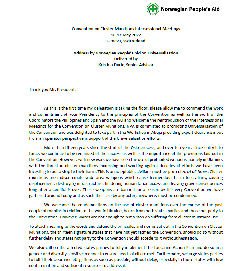 NPAdisarm's tweet photo. Words are not enough to put a🛑on suffering from #clustermunitions use. States must acceded and ratify @ISUCCM + implement the Lausanne Action Plan. Read our statement on #Universalisation👇 by @duric_kristina
#CCM #Intersessionals @UKMissionGeneva https://t.co/53Uw3SagNz