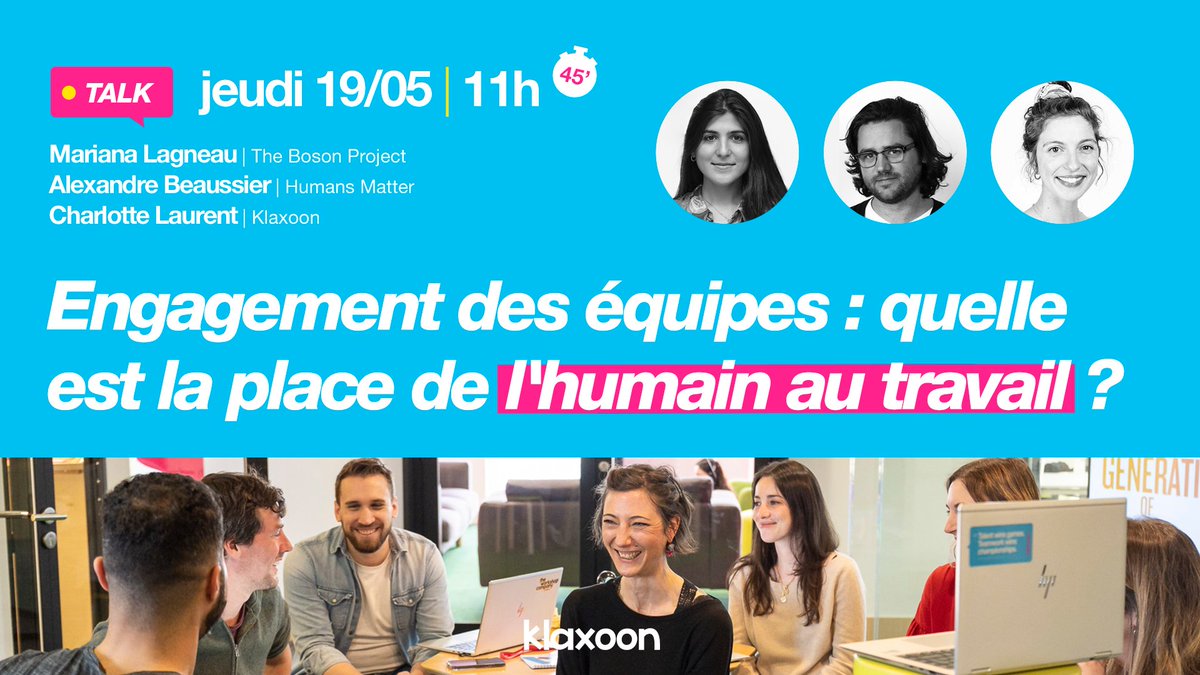 [📢 TALK] Engagement des équipes : quelle est la place de l'humain au travail ?

<a href="/AlexBeaussier/">Alexandre Beaussier</a> d'<a href="/humans__matter/">Humans Matter</a> et <a href="/marianalagneau/">Mariana Lagneau</a> de <a href="/TheBosonProject/">The Boson Project</a> seront les invités de notre « Talk », en direct du #Klaxoon Store.

🗓️ 19/05 à 11h

Inscrivez-vous 👉 klax.co/3sF38pj