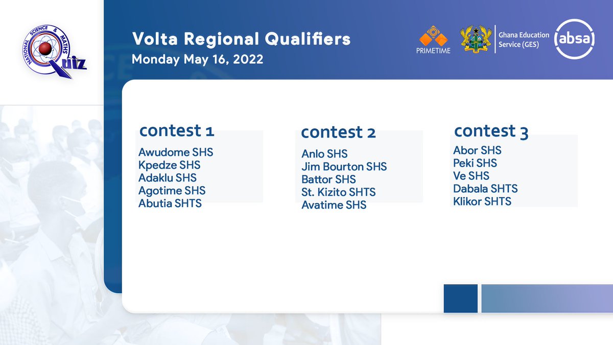 NSMQGhana's tweet photo. Volta Regional Qualifiers - Day 1

We come your way with 3 exciting match-ups on the first day of contests in Ho.

Which schools will secure their participation in the #NSMQ2022 National Championship?

#NSMQRegionals #Primetime https://t.co/yj7ePKFryz