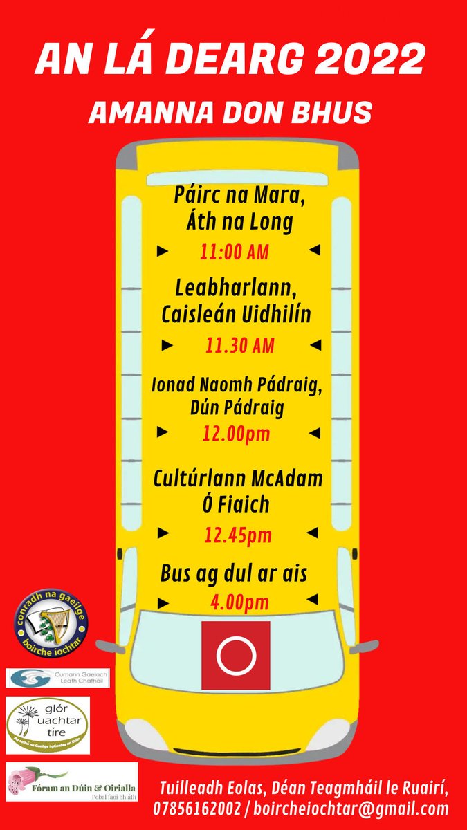 LeathChathail's tweet photo. 🚌⭕️ BUS CHUIG AN LÁ DEARG ⭕️🚌
Beidh bus ar fáil saor in aisce chuig an Lá Dearg i mBéal Feirste. Cláraigh d'áit ar an nasc seo: https://t.co/ofGoFc12jn https://t.co/QZiwcRLdd1