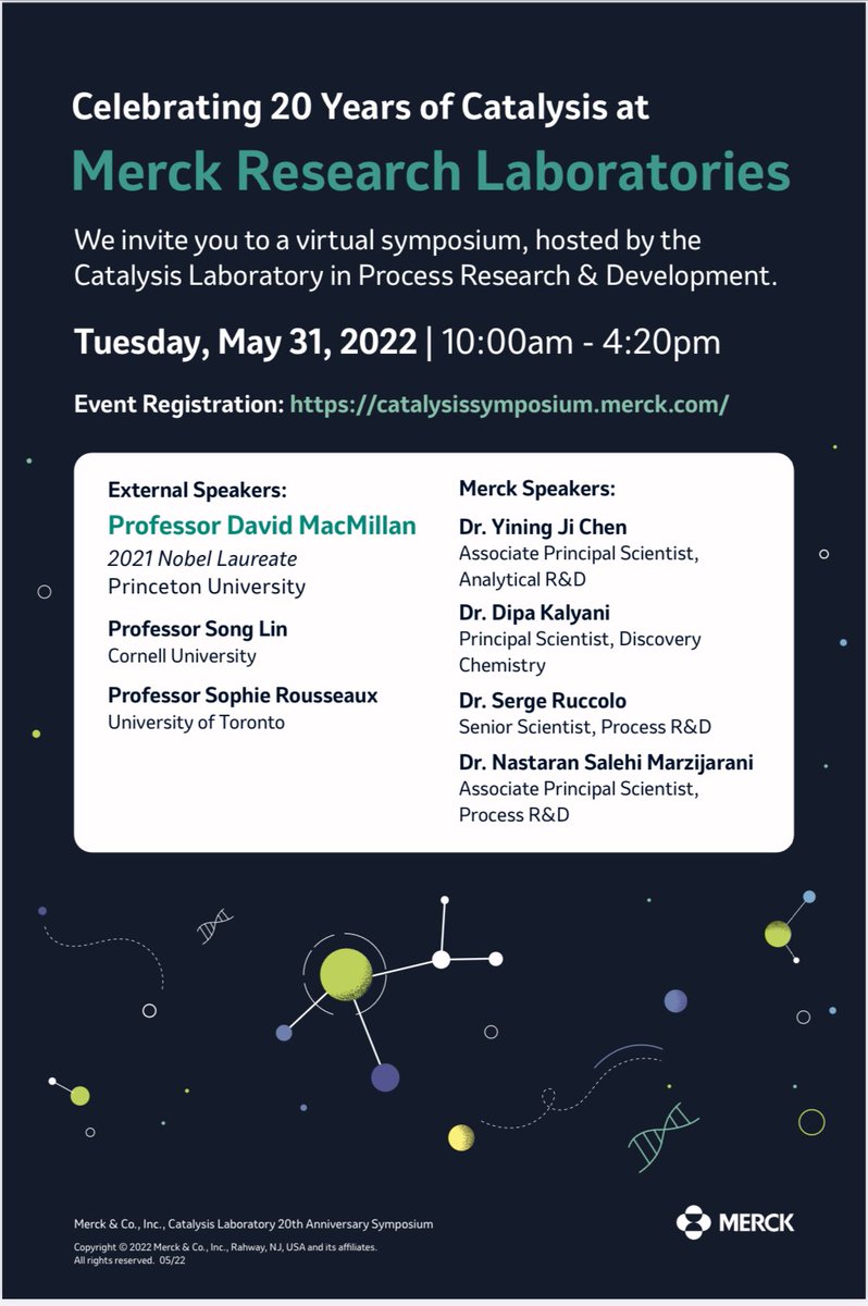 Ruck_chem's tweet photo. #MerckChemistry is excited to invite you to join us virtually for our symposium celebrating 20 yrs in #Catalysis! Hear from @dmac68 @RousseauxGroup @songlin_chem @yining_RPKA @DipaKalyani1 Serge Ruccolo @Nastaran198 @swkrska on May 31. Register here: https://t.co/KsbD2As4AX https://t.co/kwJ49D2N3B